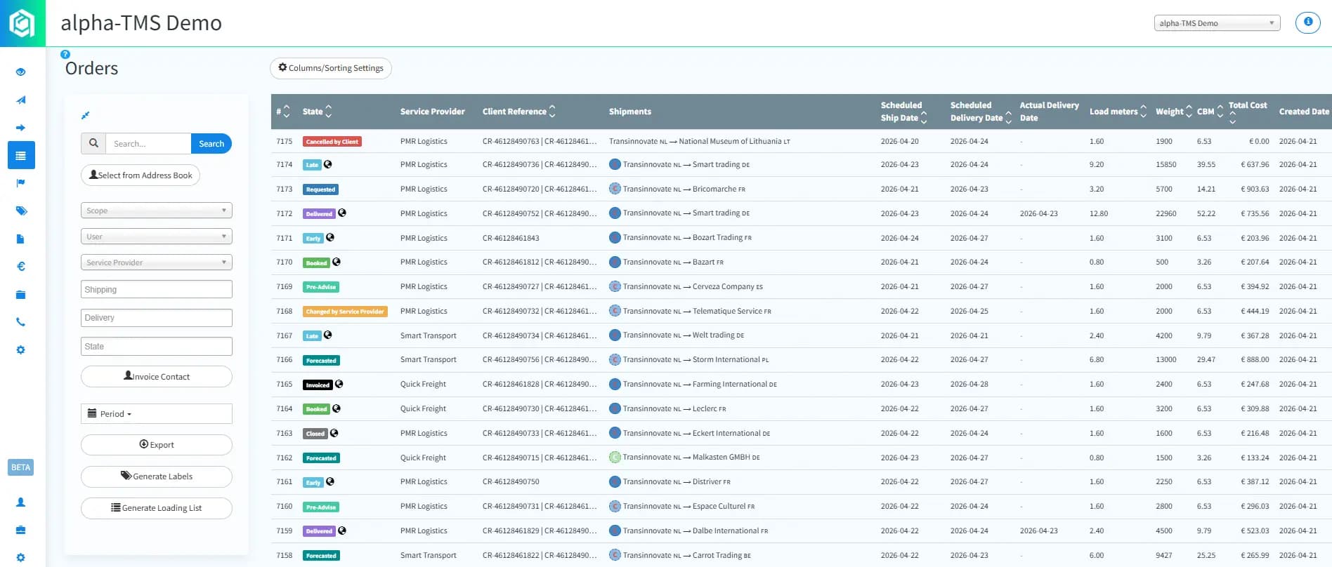 TMS dashboard with real-time shipment tracking, carrier comparison and freight cost analytics